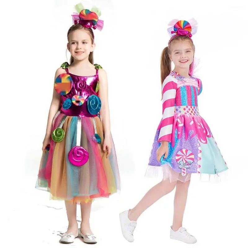 Vestido de cumpleaños para niña, vestidos de tul de arcoíris, disfraces Candyland con diadema, DGHC-081