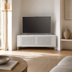 Mueble <span class=keywords><strong>para</strong></span> <span class=keywords><strong>TV</strong></span> de 120 cm de Ancho, Esquinero, con Acabado Brillante en Blanco Piano, Patas Cromadas, Estante de Vidrio, Compatible con Control Remoto, 55 Pulgadas, <span class=keywords><strong>para</strong></span> Salas de Estar Pequeñas - Product Image 3