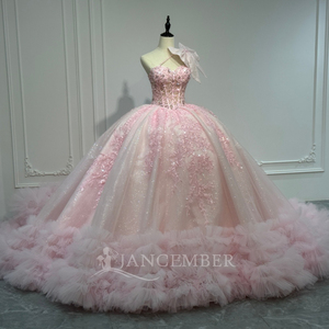 XS301 Stylish One Shoulder Bow Pink <b>Ruffle</b> Quinceanera <b>Dresses</b> Beading Appliques Crystal Print Floor-Length Ball Gown Natural - Product Image 2