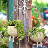 Mignon Résine Artisanat pop sourire visage balançoire Pays Pots De Fleurs belle Suspendus Assis Visage Balançoire planteur pour Ornements De Jardin