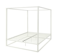 Lit à baldaquin moderne en métal blanc avec design à quatre poteaux, lit plateforme robuste pour chambre principale