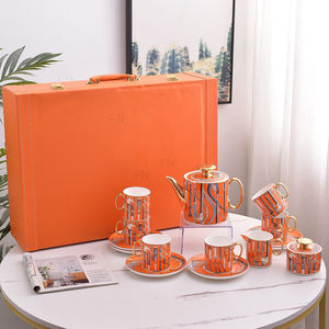 Service à thé en céramique motif sceptre orange 15 pièces, tasses à thé en porcelaine osseuse avec poignée dorée, idéal pour un cadeau - Vente chaude - Product Image 2