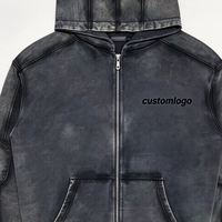 Sweat-shirt à capuche pour homme, en coton, délavé à l'acide, entièrement zippé, avec lettres en relief, effet vieilli, style streetwear, avec poche, pour un usage quotidien décontracté et hip-hop