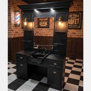 Estación de Barbería Negra Clásica y Duradera con Lavabo y Espejo LED, Múltiples Espacios de Almacenamiento para Lavado de Cabeza en Barberías Masculinas - Product Image 4