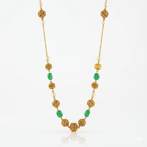 Collar Mala Antiguo de Plata 925 con Cuentas Verdes y Detalles de Perlas, Joyería Étnica Tradicional para Mujer - Product Image 1
