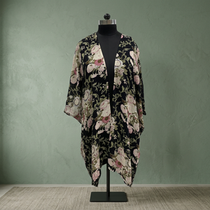 Floral Print Chiffon Kimono <b>Cardigan</b> V-Neck Loose Boho Asymmetrical Hem Three Quarter Sleeve <b>Spring</b> Casual Wear - Product Image 3