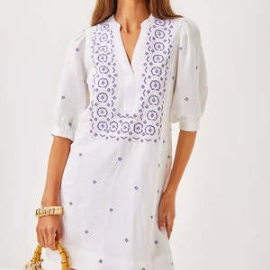 ชุดเดรสผ้าฝ้ายลินินทรงเอ สไตล์ลำลอง คอวี แขนสั้น ความยาวปานกลาง สำหรับผู้หญิง  ปรับแต่งได้ตามต้องการ - Product Image 1