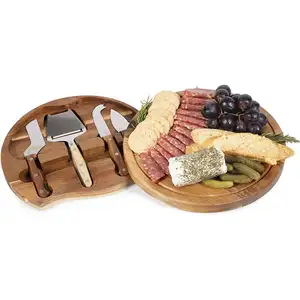 Vente en gros Planche à charcuterie en bois d'acacia avec jeu de couteaux Trancheuse Assiette à fromage Planche à fromage ronde en bois