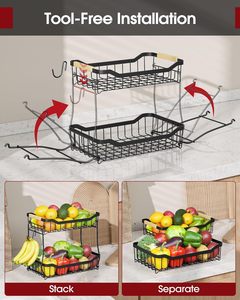 2-Tier có thể tháo rời dây trái cây và rau giỏ bếp Countertop sản xuất lưu trữ với chuối móc áo bền vật liệu kim loại - Product Image 5