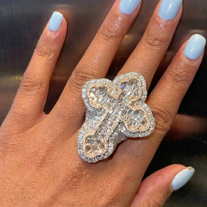 Diamond Cross Hip Hop <b>Ring</b> Lab Grown Baguette & Round Brilliant Cuts 9k Gold Plated IGI Certified Large <b>Statement</b> Unisex Jewelry - Product Image 1