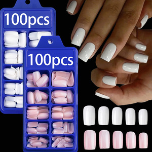 Faux ongles les plus vendus, 100 pièces/paquet, blancs, courts, carrés, couleur unie, à presser - Product Image 1