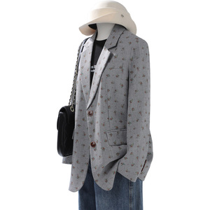 Gray Plaid Graffiti Double Breasted Blazer Women Spring Autumn Folded Cuffs Casual Fashionable Suit Jacket - Product Image 5