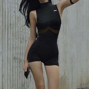 Mono enterizo sexy Y2K de malla con patchwork y aberturas, sin mangas, ajustado, deportivo, moldeador de cintura para mujer - Product Image 1