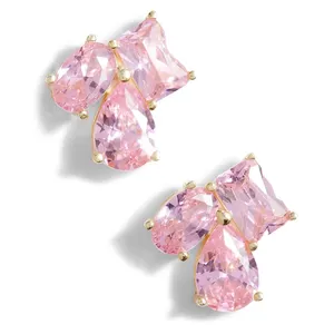 18K Yellow Gold Square Tear Drop Oval Shaped Stud Earrings Pink Crystal Multi Shape Cubic Zircon Wedding Stud Earrings