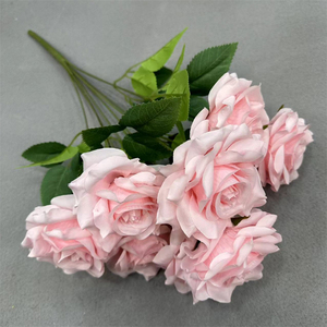Commercio all'ingrosso di seta artificiale Bouquet di Rose 9 teste rosso rosa rosa blu cespuglio di fiori con foglie per la casa di nozze decorazione di compleanno - Product Image 5