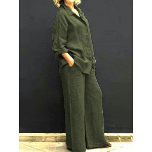 Ensemble 2 pièces pour femmes, chemise et pantalon en coton et lin, couleur unie, ample, confortable, respirant, tendance - Product Image 3