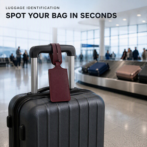Étiquette de bagage en cuir PU rouge bordeaux avec logo gaufré avion, sangle en cuir intégrée et fenêtre pour carte d'identité, pour valise de voyage - Product Image 2