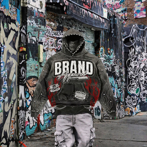 Sweat à capuche zippé surdimensionné personnalisé pour homme 2026, effet délavé, avec patch en strass, style streetwear vintage, en molleton, sweat à capuche graphique personnalisé - Product Image 3