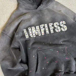 Streetwear Cotton Boxy Pull Over Custom Baggy Sun Faded Paint Splatter Rhinestone Acid Wash Distressed Hoodies