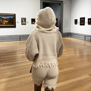 Dệt Kim 2 Mảnh Phụ Nữ Thiết Lập Thời Trang Dài Tay Áo Lỏng Dây Kéo Tua Áo Len Và Quần Short Nữ Quần Áo Phụ Nữ Hai Mảnh Thiết Lập 2022 - Product Image 2