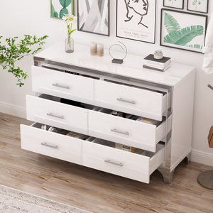 Elegant High Gloss Dresser with Metal Handle,Mirrored Storage Cabinet with <b>6</b> <b>Drawers</b> for Bedroom,Living Room,White - Product Image 3