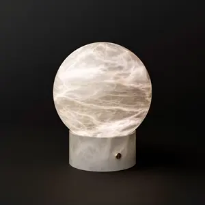 Lâmpada de alabastro natural espanhola moderna, luminária de mesa em mármore luxuosa para sala de estar, bola de lua, lâmpada de cobre completa