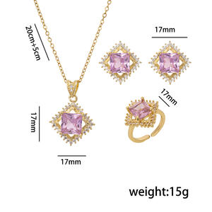 Conjunto de joyería elegante de lujo para mujer al por mayor collar de acero inoxidable con diamantes de imitación Rosa verde anillos ajustables conjunto de pendientes - Product Image 5