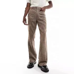 factory custom concealed zip fly patch pockets straight leg tweed wool flared trousers for men