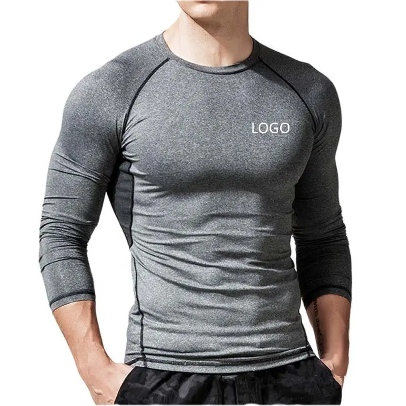 Custom LOGO long sleeve black gray white slim fit t shirt men's compression cooling fitness sports running t-shirts