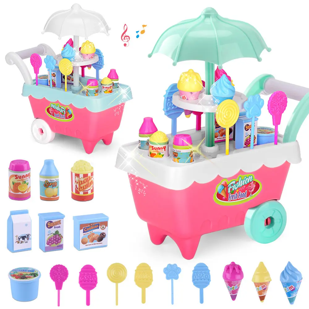 Chariot miniature de crème glacée pour maison de poupée, lumières, puzzle musical, maison de poupée, simulation de fille, chariot de shopping, meubles, jouets, accessoires