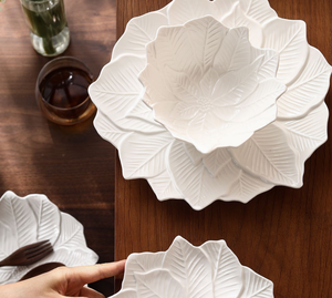Wholesale 3D Embossed Leaf Shaped Ceramic Plates, Pure White Irregular Dinnerware Bulk Custom Logo for Wedding & Hotel Banquet - Product Image 6
