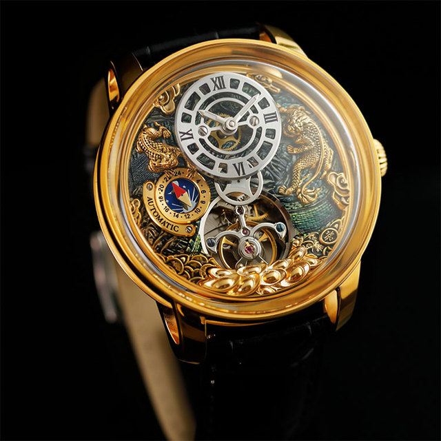 Wholesale Luxury Brand High End Skeleton Mechanical Automatic Gold Watches For Men Unique Design 3d Chinese Godly Beast Pixiu