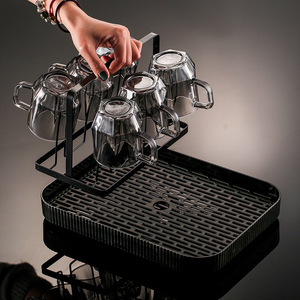 Colgador de tazas de vidrio con bandeja, escurridor de doble capa, forma cuadrada, almacenamiento invertido para tazas de té de sala de estar, tamaño L, tapa metálica - Product Image 6