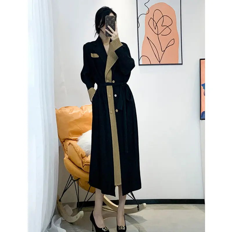 Pleated double breasted coat women's new autumn and winter fashion long coat