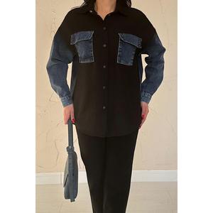 Chaqueta Vaquera Negra con Ribete en Color de Contraste, 100% Algodón, Abrigo de Moda para Mujer - Product Image 3