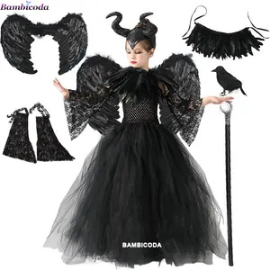 Niños vestido negro disfraz de Halloween gótico bruja oscura reina niñas tutú vestido con capa de plumas reina malvada Hada Cosplay disfraz