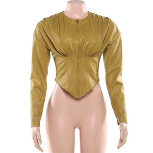 Nuova Giacca <span class=keywords><strong>Vintage</strong></span> da <span class=keywords><strong>Donna</strong></span> con Cerniera, Maniche Lunghe, Collo Tondo, Tinta Unita e Dettagli Plissettati - Product Image 2