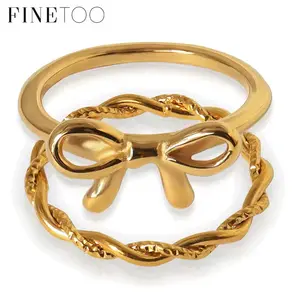 Finetoo Stainless Steel 18K Gold Bow Tie Ring Simple Women's Engagement Wedding Band Winding Cross Rings