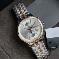 Montre élégante pour homme d'affaires, chronographe multifonction, cadran argenté, bracelet bicolore, étanche 5 ATM, montre-bracelet à quartz