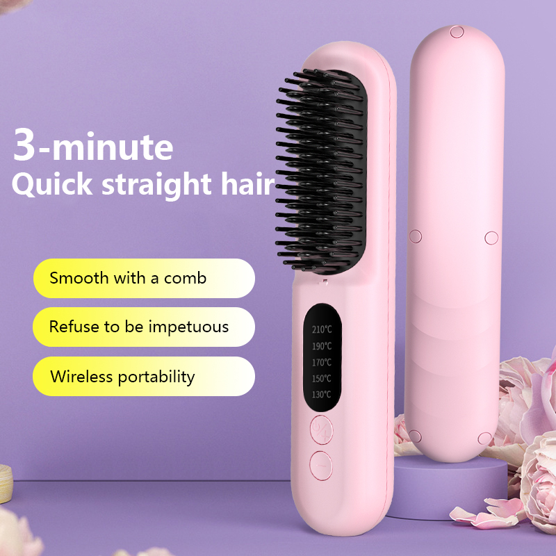 Brosse Lisseuse Cheveux Sans Fil Portable – Réglable, Plaques Titane & Tourmaline, Mini Format