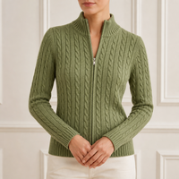 Cardigan zippé en maille torsadée vert sauge pour femme, col roulé, manches longues, fabrication OEM ODM, vente en gros, tricot d'hiver