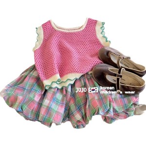 Jojo Korean Childrens Wear Pink Crochet Top Plaid Skirt Set Summer Outfit For Girls - Product Image 5