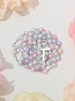 Collier de prière catholique en perles acryliques irisées de 8 mm avec crucifix en alliage et médaille de la Vierge Marie