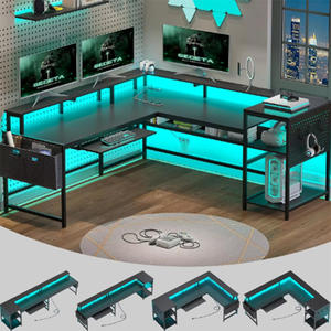 โต๊ะเล่นเกมรูปตัวแอลแบบพลิกกลับได้ทันสมัยพร้อมเต้าเสียบไฟ LED ชั้นวางของโต๊ะคอมพิวเตอร์ที่มีถาดรองคีย์บอร์ด - Product Image 1