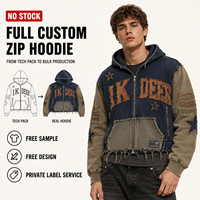Jaket Hoodie IKDEER Custom Cropped Zip dengan Aplikasi Kain Berumbai Raw Frayed Edge dan Patchwork Multi Tone untuk Pemotretan Video Gaya Retro Street