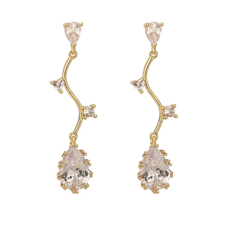 Simple 14K Gold Crystal Zircon Earrings Polyline Shape Drop Stud Earrings For Women