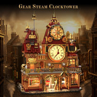 H1027 Tour d'Horloge Steampunk en Briques avec Lumières, Modèle d'Architecture Vintage, Kit de Briques pour Décoration de Bureau et Cadeaux