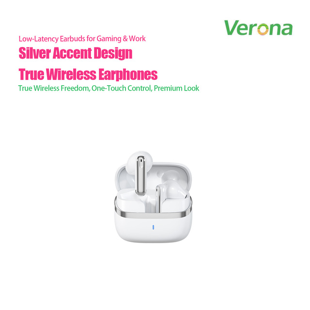 In-Ear TWS Wireless Earbuds Silver Accent Wireless Built-in HD Mic LED Light Active Noise Cancellation IPX-4 Waterproof