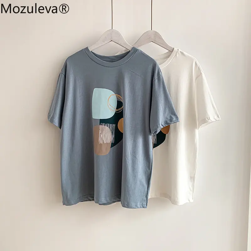 Zomer T-shirt 2021 O-hals Abstract Art Printing Tops Korte Mouw Losse Katoenen T-shirt Vrouwen Chic Meisjes Harajuku Tees