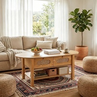 Table basse ovale avec rangement, style bohème, design en rotin ovale avec deux tiroirs de rangement pour salons et appartements